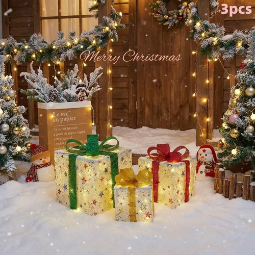 Lighted Christmas Gift Box Set with Warm LED Lights & Snowy Ribbon Bows