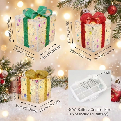 Lighted Christmas Gift Box Set with Warm LED Lights & Snowy Ribbon Bows