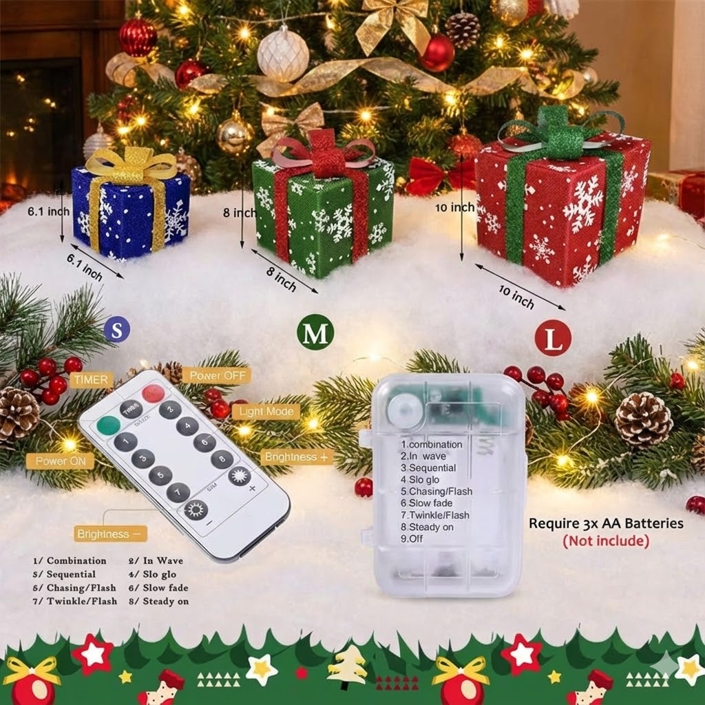 Lighted Christmas Gift Box Set with Warm LED Lights & Snowy Ribbon Bows