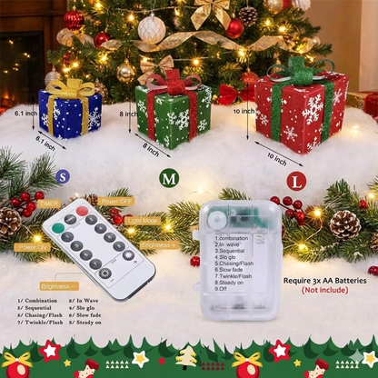 Lighted Christmas Gift Box Set with Warm LED Lights & Snowy Ribbon Bows