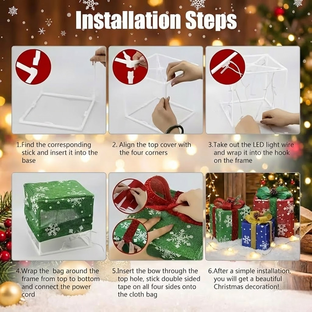 Lighted Christmas Gift Box Set with Warm LED Lights & Snowy Ribbon Bows