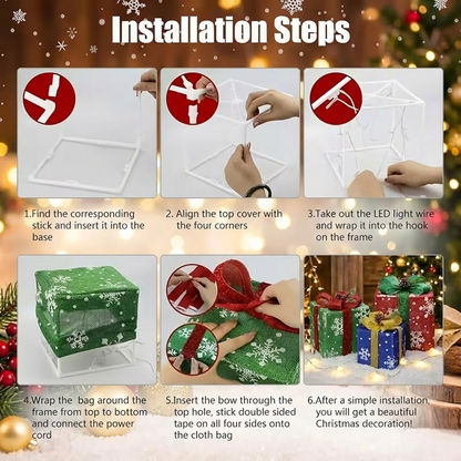 Lighted Christmas Gift Box Set with Warm LED Lights & Snowy Ribbon Bows