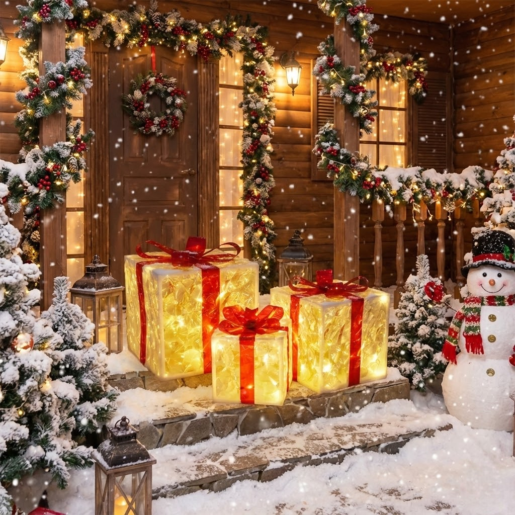 Lighted Christmas Gift Box Set with Warm LED Lights & Snowy Ribbon Bows