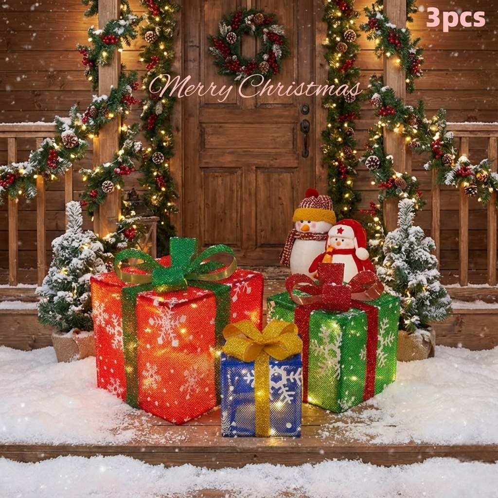 Lighted Christmas Gift Box Set with Warm LED Lights & Snowy Ribbon Bows