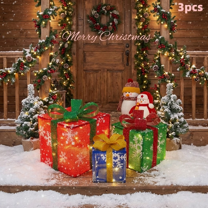 Lighted Christmas Gift Box Set with Warm LED Lights & Snowy Ribbon Bows