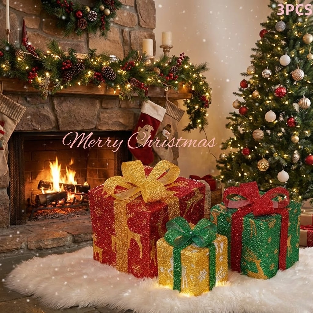 Lighted Christmas Gift Box Set with Warm LED Lights & Snowy Ribbon Bows