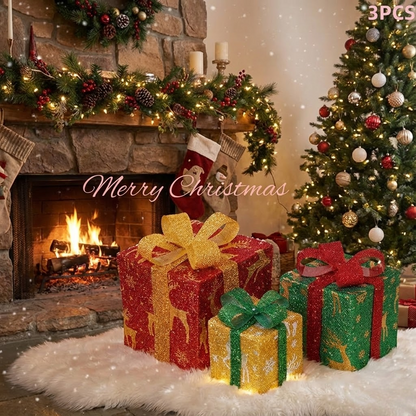 Lighted Christmas Gift Box Set with Warm LED Lights & Snowy Ribbon Bows