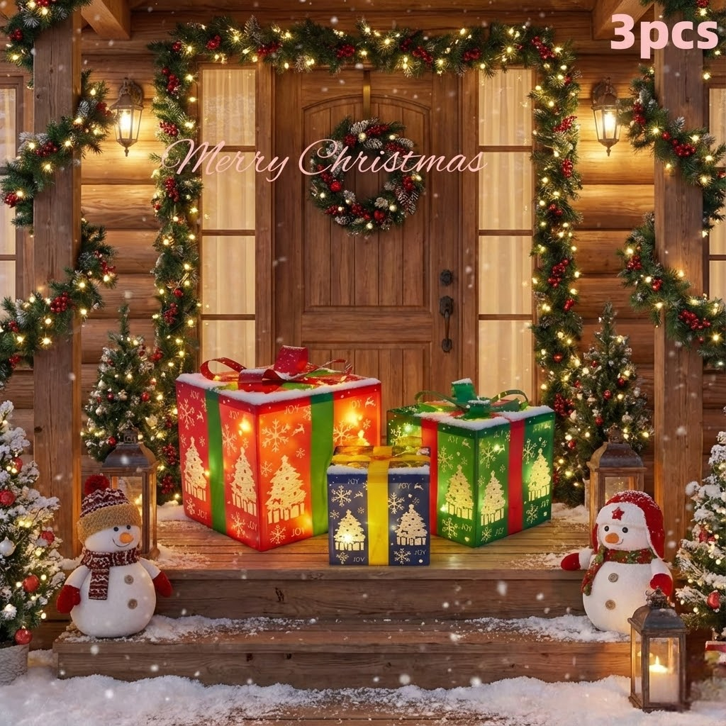 Lighted Christmas Gift Box Set with Warm LED Lights & Snowy Ribbon Bows