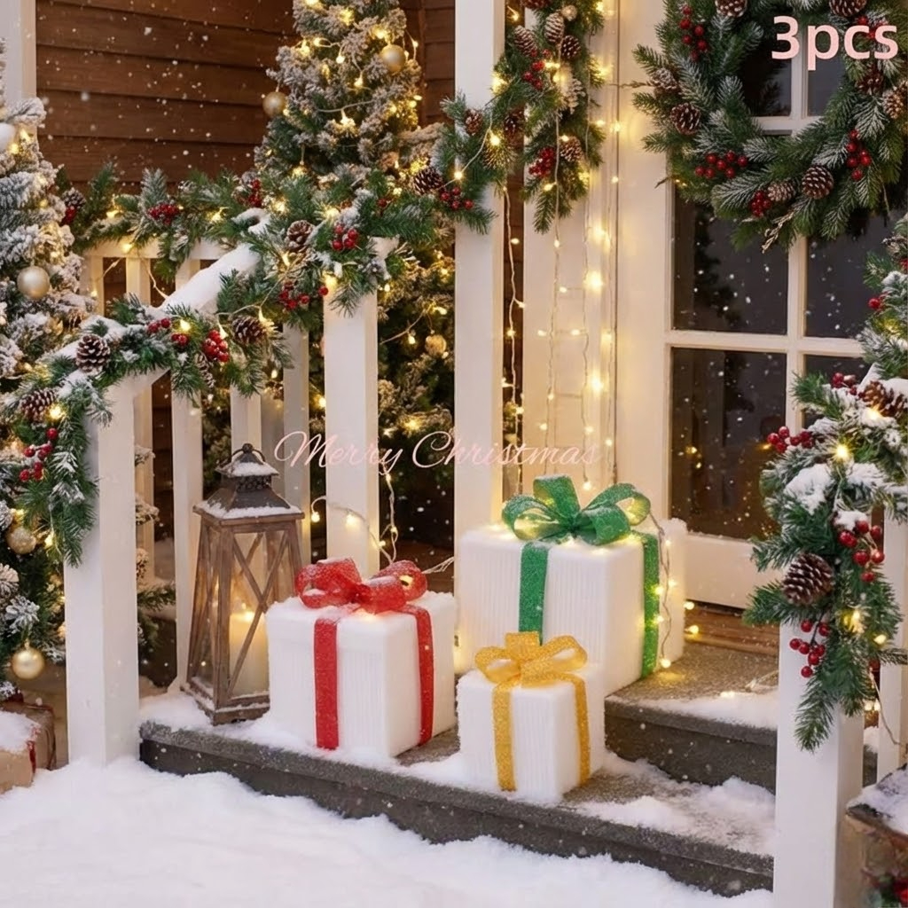 Lighted Christmas Gift Box Set with Warm LED Lights & Snowy Ribbon Bows