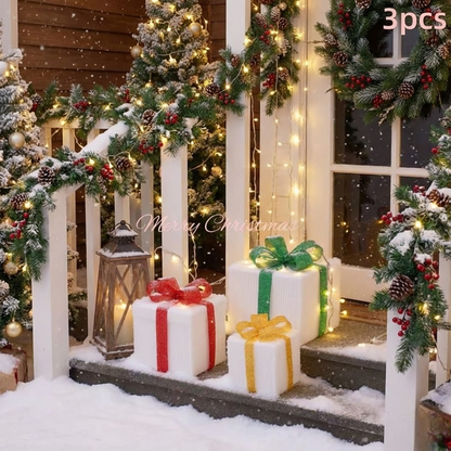 Lighted Christmas Gift Box Set with Warm LED Lights & Snowy Ribbon Bows