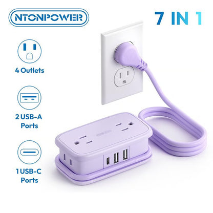 7 in 1 Travel Power Strip with 4 Outlets 3 USB Ports 1 USB C Port Flat Plug 5.24ft Retractable Cord for Cruise Ship Hotel Dorm Room