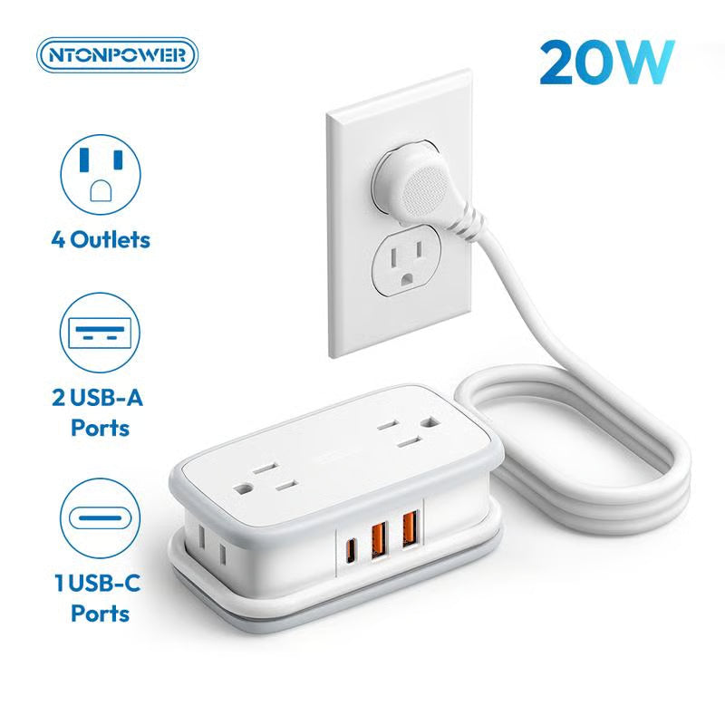 7 in 1 Travel Power Strip with 4 Outlets 3 USB Ports 1 USB C Port Flat Plug 5.24ft Retractable Cord for Cruise Ship Hotel Dorm Room